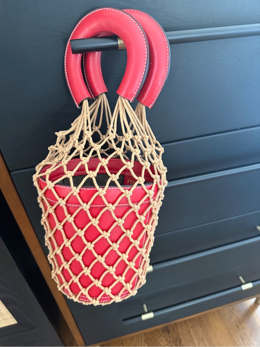 STAUD Red Leather Basket with Cream Rope Netting
